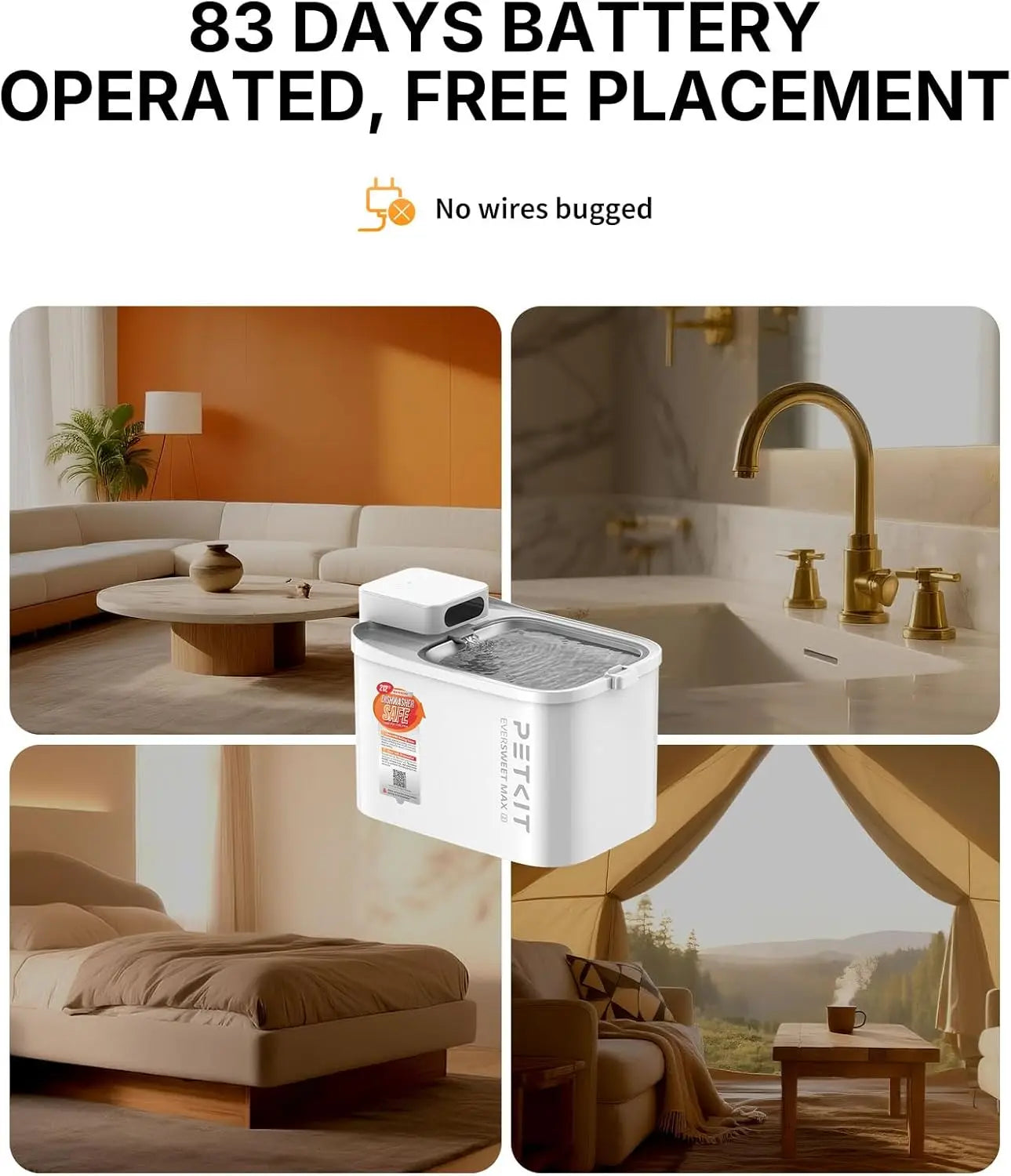 Cordless Cat Water Fountain with Motion Sensor, 3L Stainless Steel Tray, App Control for Pets